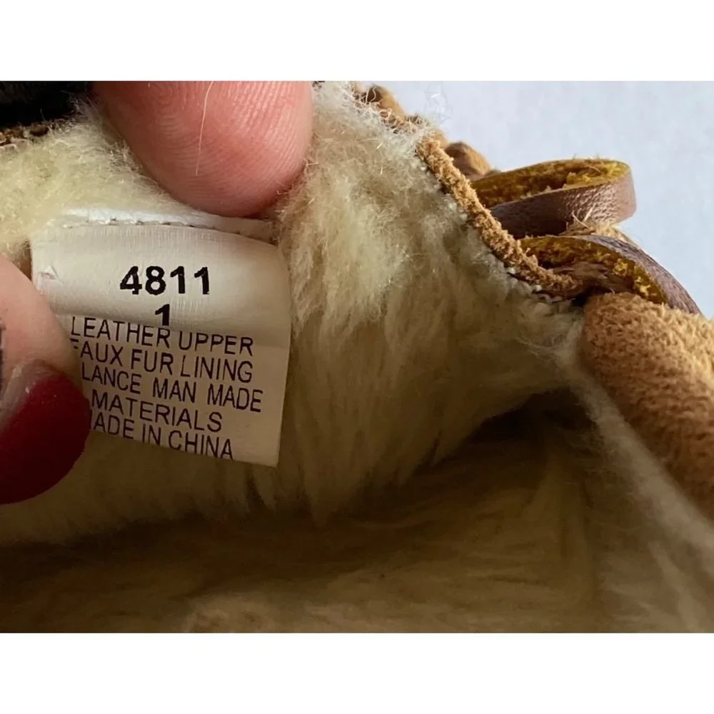 Minnetonka Unisex Kid Size 1 Brown Genuine Leather‎ Faux Fur Moccasins Loafers